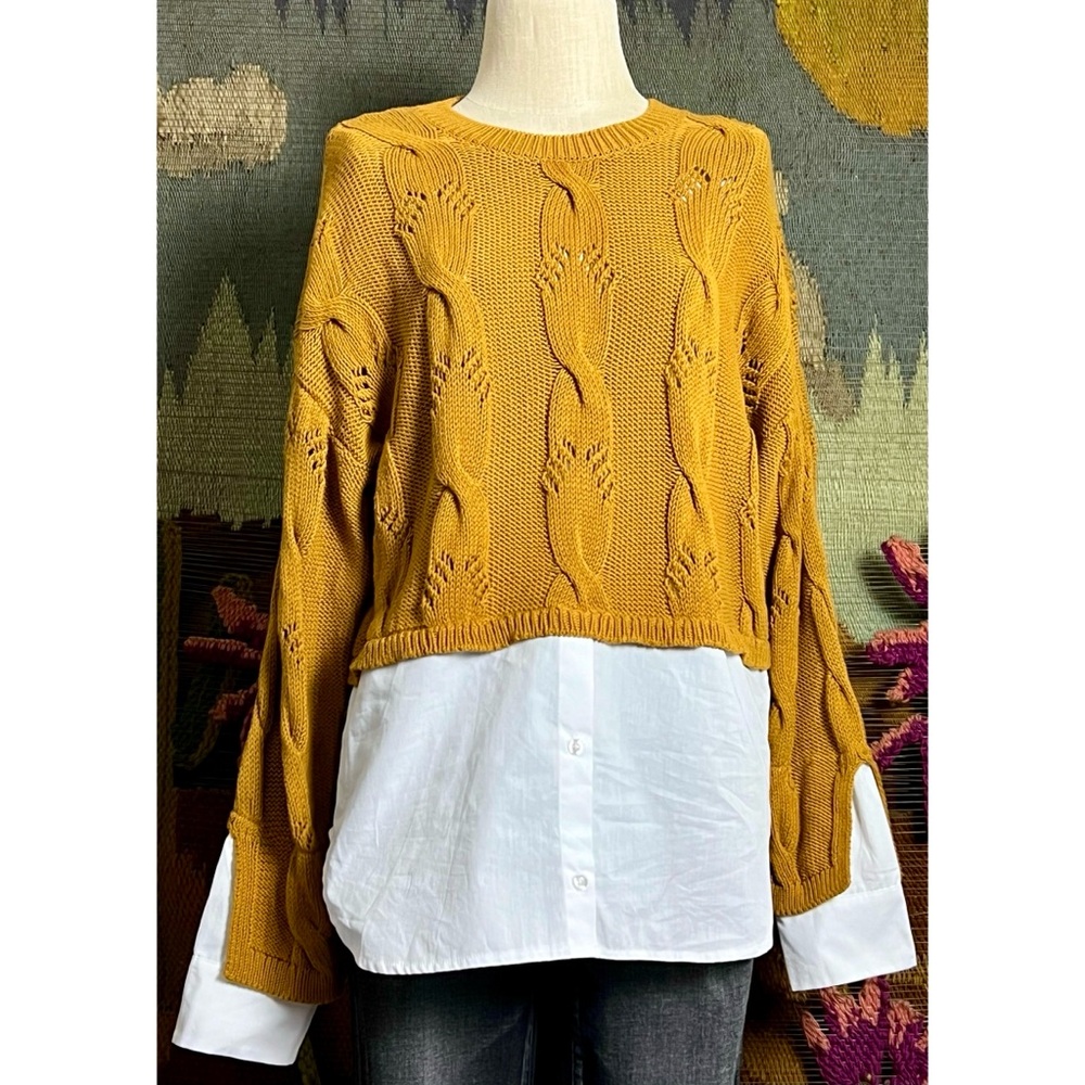 Anthropologie Mustard Cable Knit Sweater with White Layer
